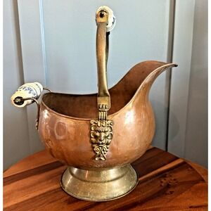 Vintage Copper Coal Scuttle 14" Medium Brass Lion Head Delft Handle Bucket Plant